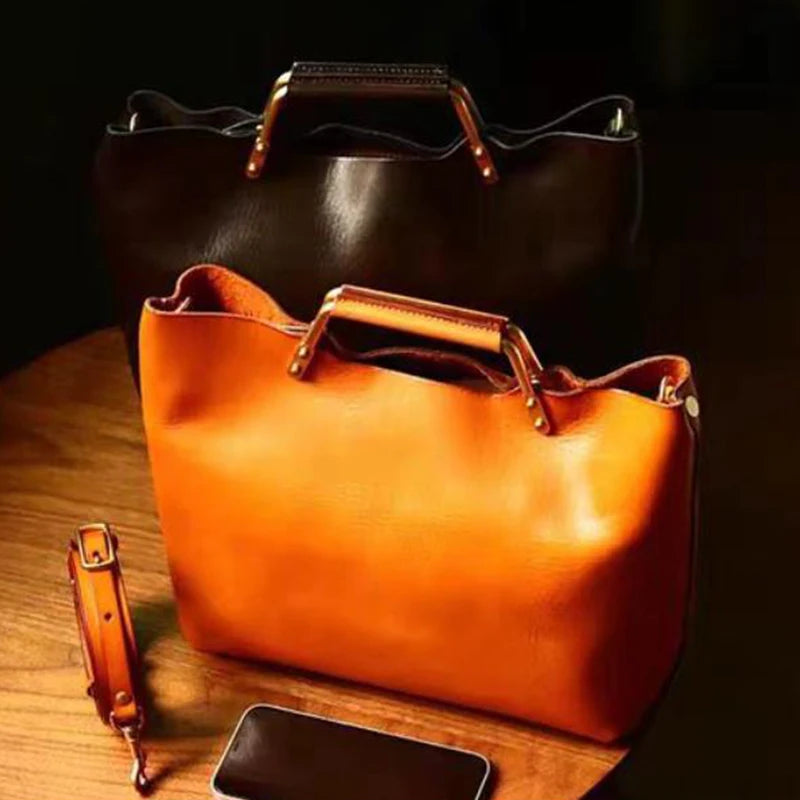 Soft Leather Tote Metal Handle Large Capacity Crossbody Bag