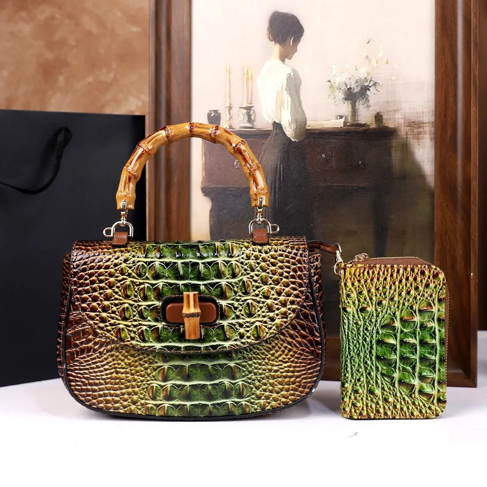 Crocodile Leather Bag Fashion Bamboo Crossbody Handbag