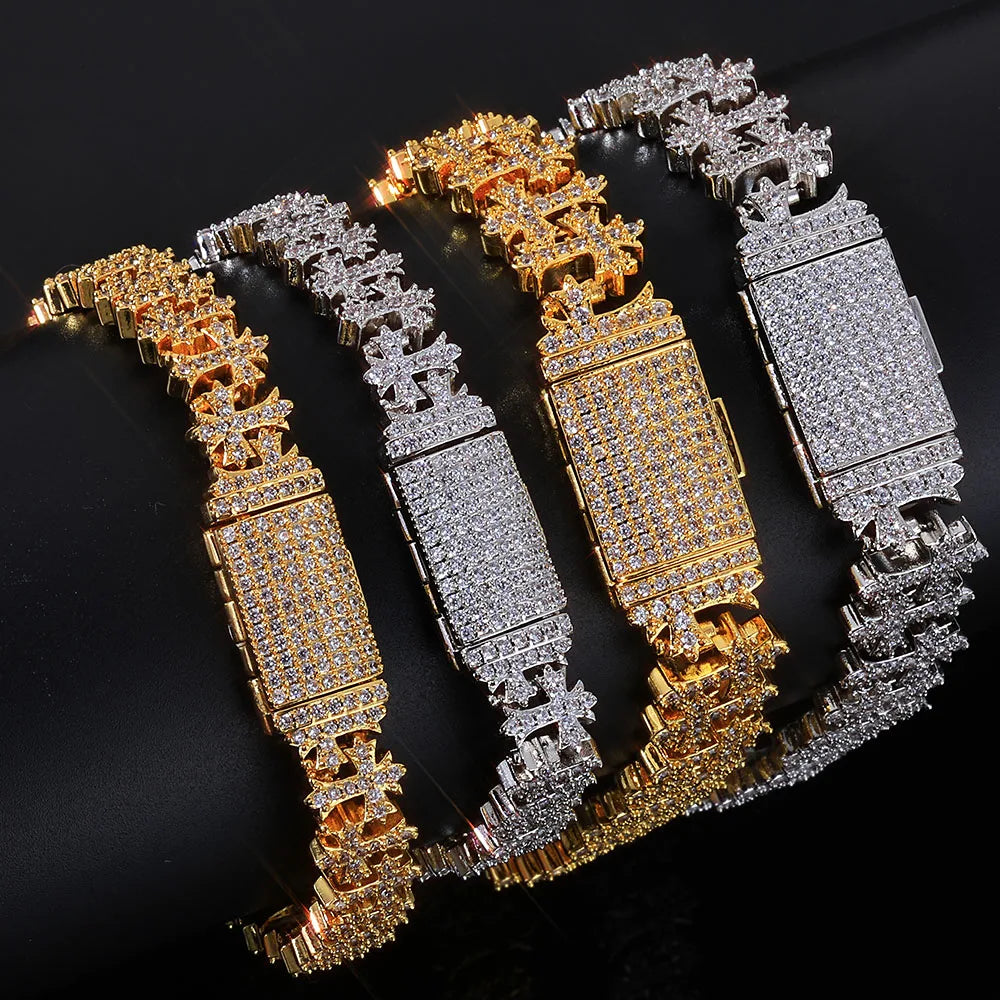 Luxury 8MM Cross Bracelet Iced CZ Diamond Brass Hand Set Zircon Fashionable Jewelry