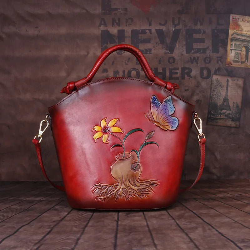 Leather Embossed Hand Brushed Oblique Bucket Bag