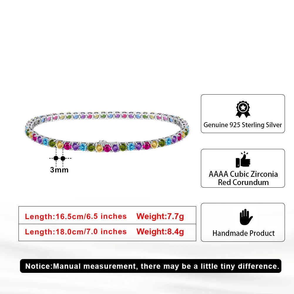 925 Sterling Silver 3mm Multicolor Zirconia Tennis Bracelet