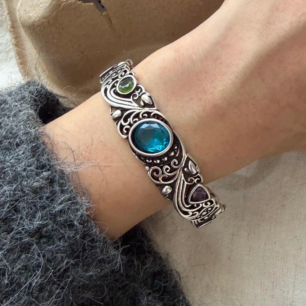 100% 925 Sterling Silver Geometric Blue Stone Bracelet