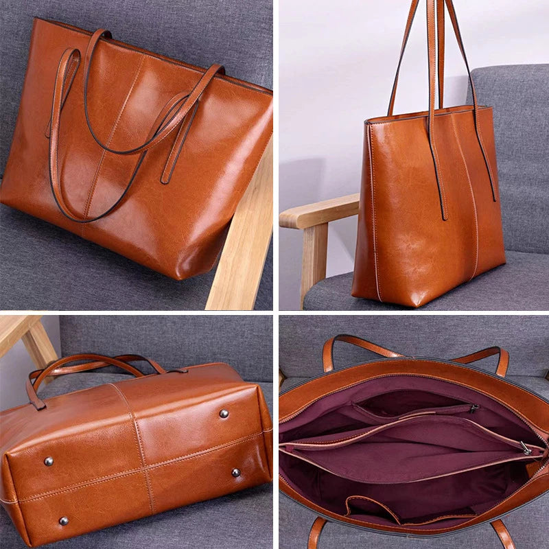 Cowhide Genuine Leather Large Tote Bags Luxury Design Commuter Shoulder Bag