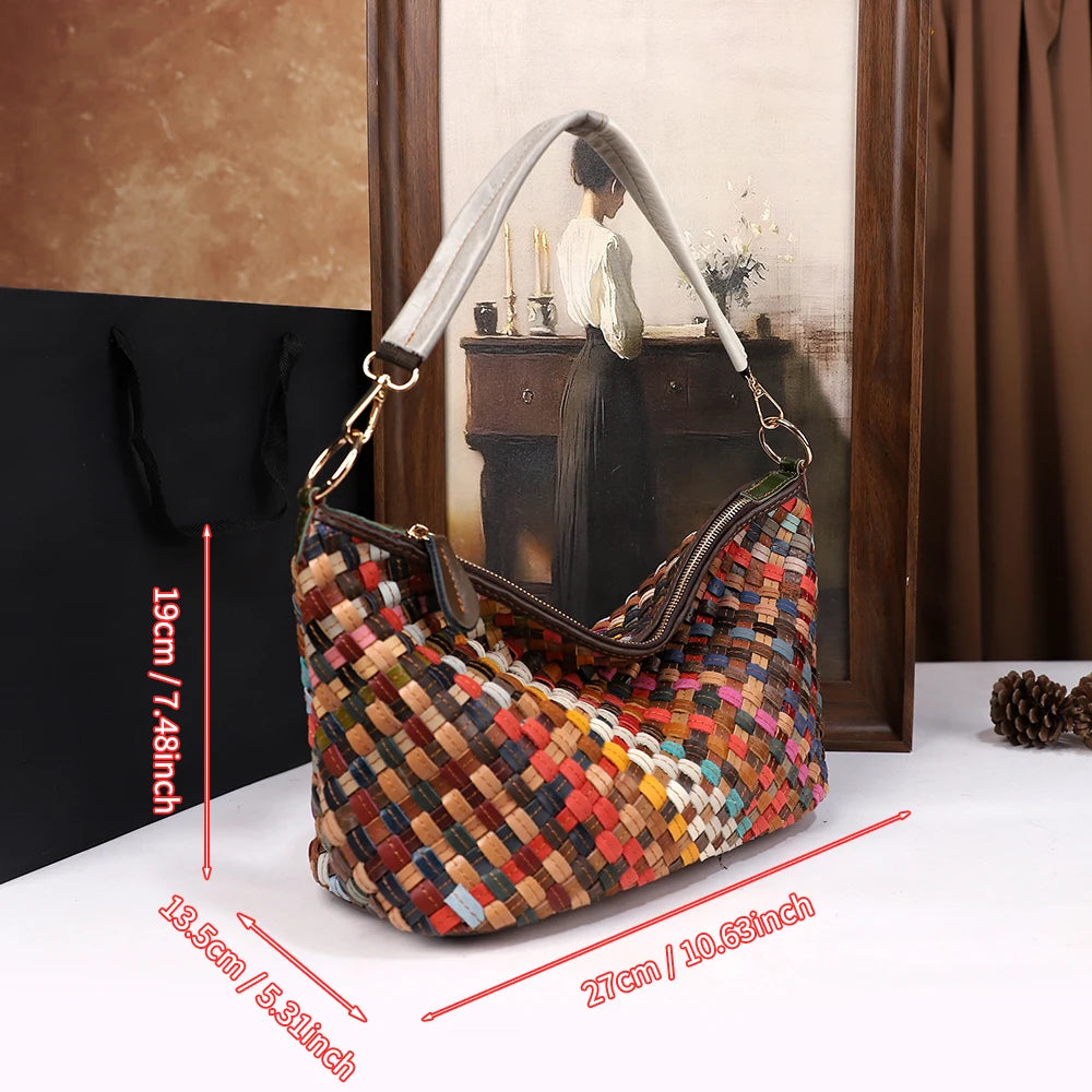 Fashionable tote bag woven with large capacity top layer leather