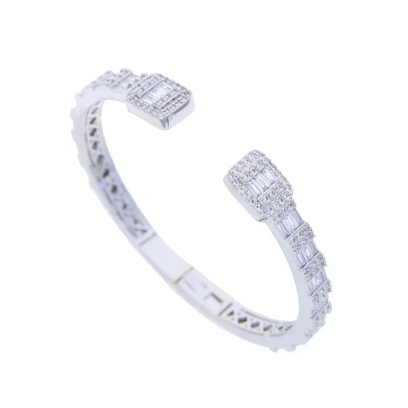 Rectangle Square Cubic Zirconia Charm Open Bangle Bracelet Women Fashion Jewelry
