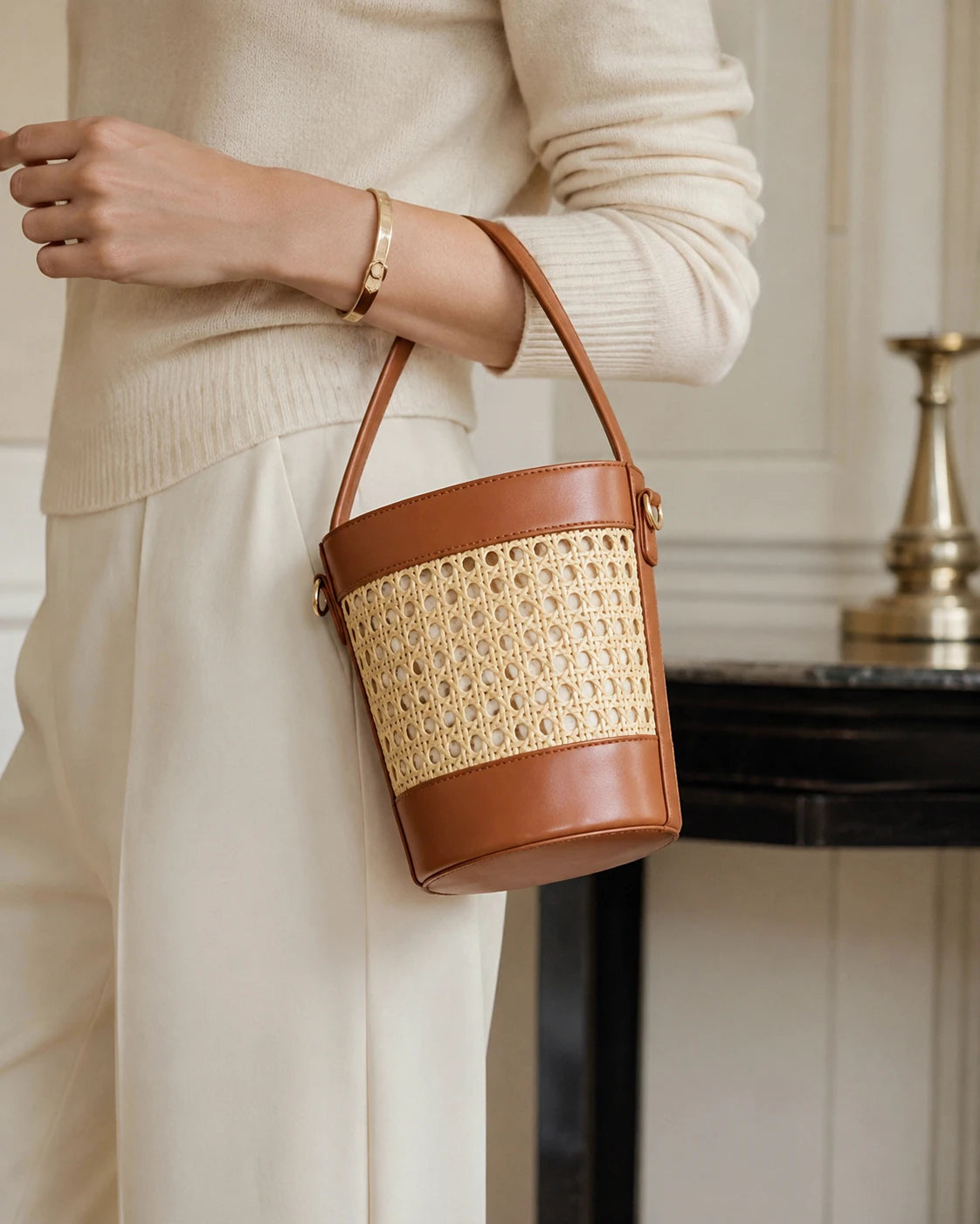 Fashionable Rattan Small Crossbody Handbag Leather Trim