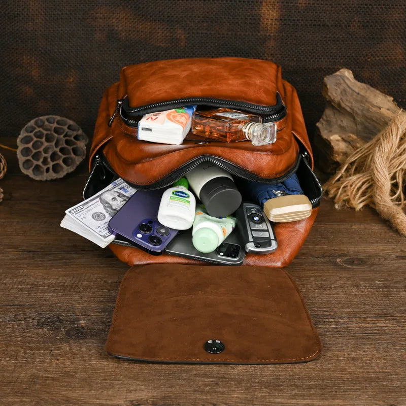 Vintage Handmade Leather Backpack Embossed Large Capacity Bag