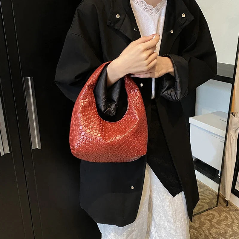 Classic Fashion Woven Embossed Soft PU Leather Small Top Handle Shoulder Bag