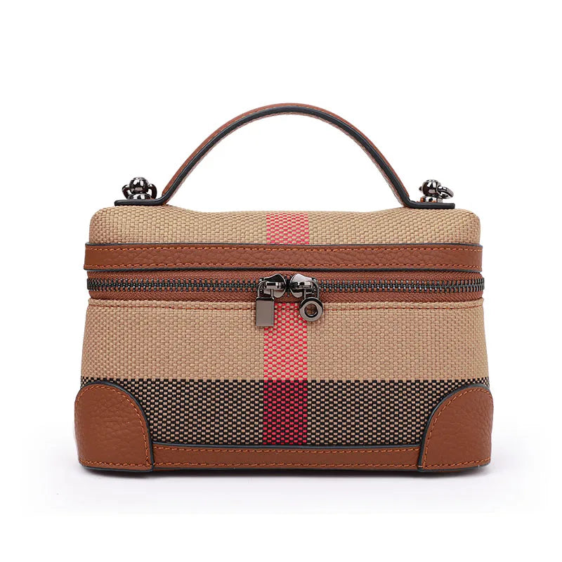 Women's shoulder crossbody mini bag plaid small square bag made of canvas and cowhide