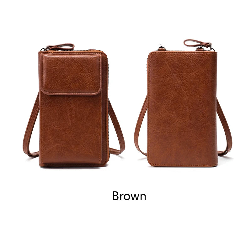 Multi functional retro style PU leather crossbody bag fashionable solid color phone bag