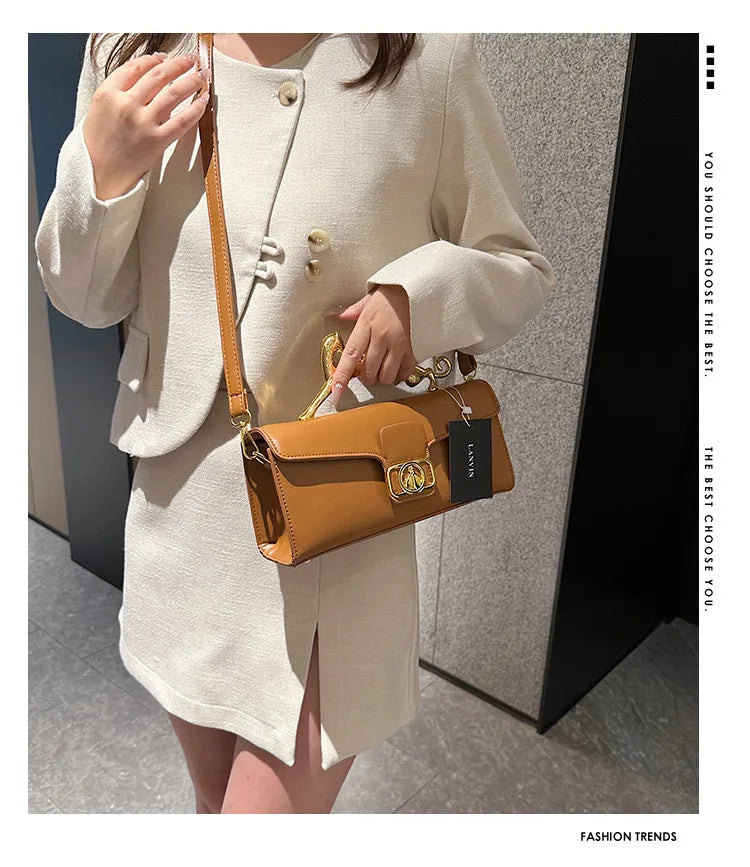 Women's Handbag Metal Handle Leather Trendy Design Crossbody Fashion Bag