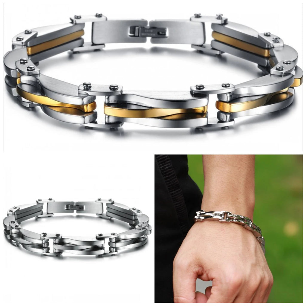 Stainless Steel Two Tone Rhombus Cool Link Bangle Bracelet
