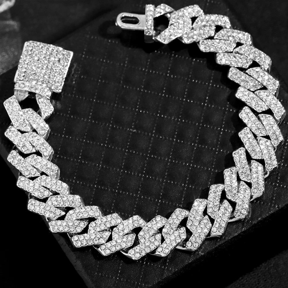 14MM Iced Prong Link Cuban Chain Bracelets Full Rhinestones