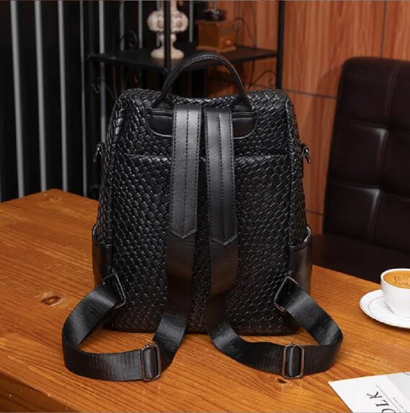 Fashion High Quality Woven Soft Leather Backpack Women Large Capacity Travel Bag