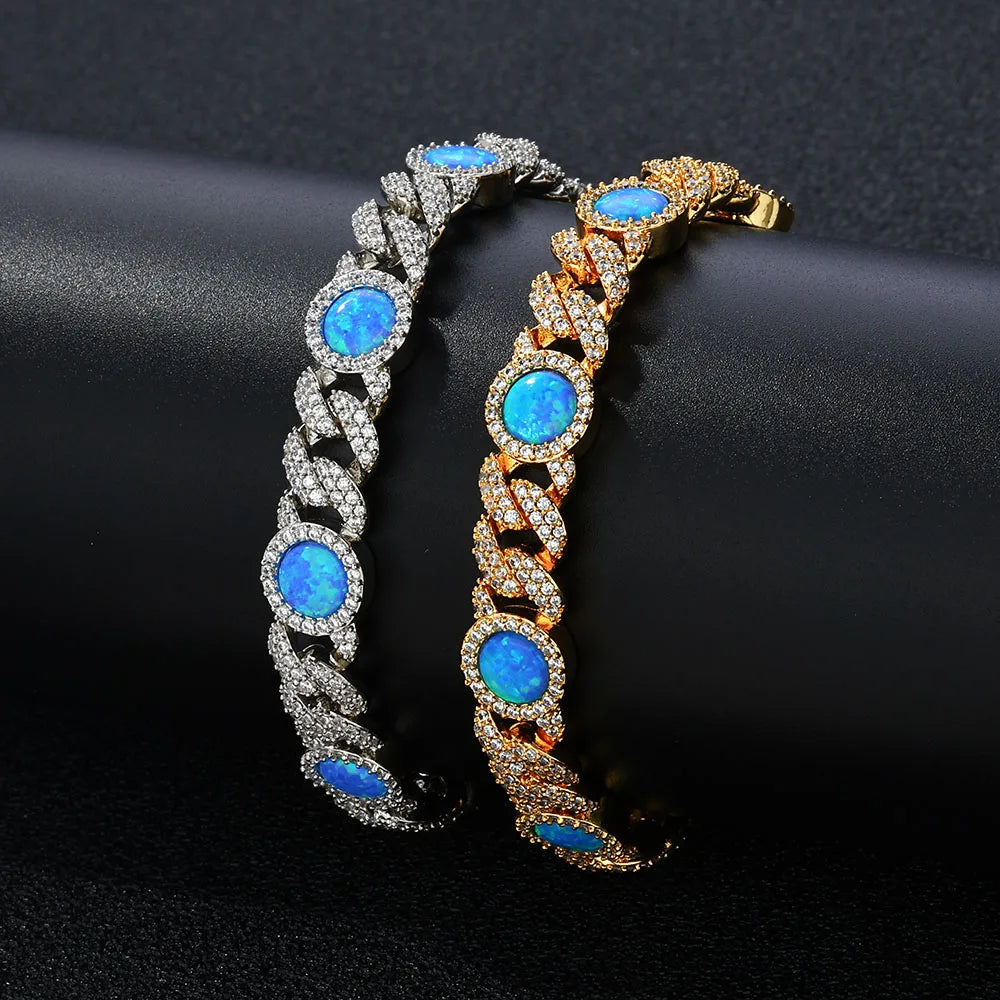 18k Gold Plated Cubic Zircon Bracelet Jewelry Iced Out Big Blue Opal Chain Bracelet