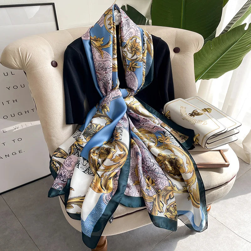 180*90cm Large Silk Satin Scarf Hijab Women Print Shawl