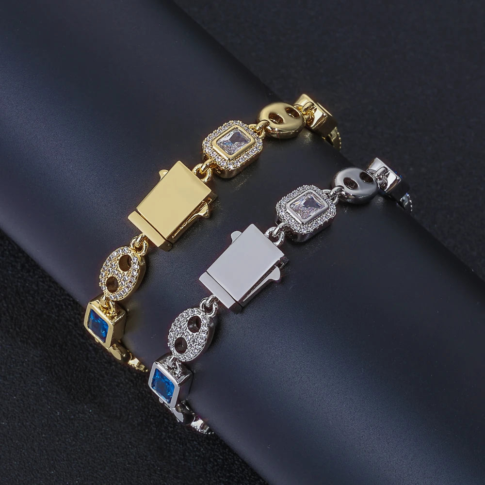 8MM Gemstone Iced Out Bracelet Blue Cubic Zirconia Link Bracelet Fashion Jewelry