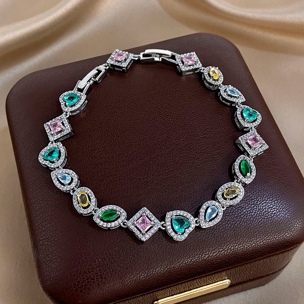 Colorful Rhinestone Chain Bracelet Sliver Color Multiple Geometry Shape Design Bangle