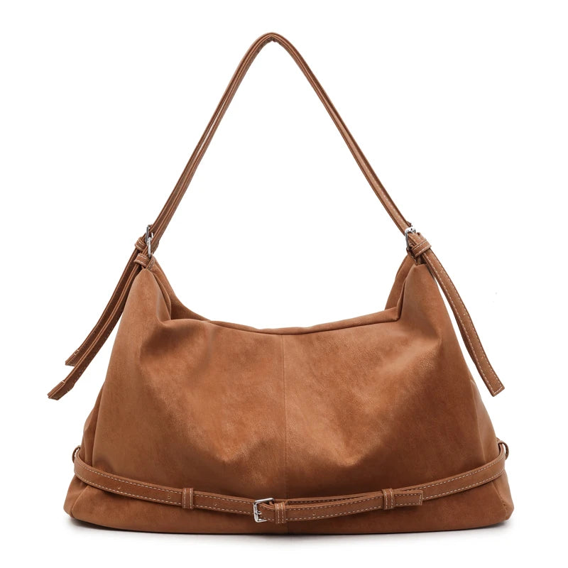 Retro Suede Tote Bag Large Capacity Shoulder Bag Trendy Metal Buckle Strap