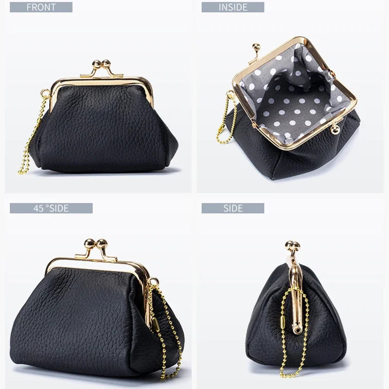 Genuine Leather Mini Vintage Coin Purses Kiss Lock Design