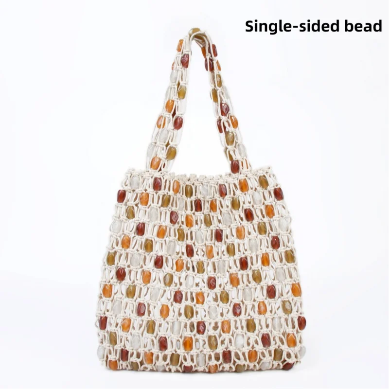 Hand-woven Beaded Tote Wooden Handle Knitted Bag