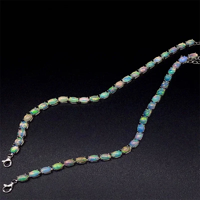 925 Sterling Silver Natural Opal Simple Bracelet Colorful Stone Bracelet Fine Jewelry