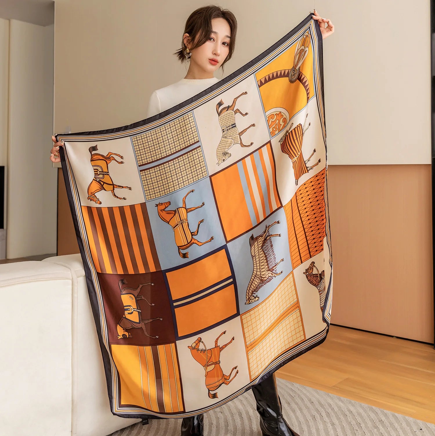 Luxury Horse Print Square Scarf Vintage Imitation Silk