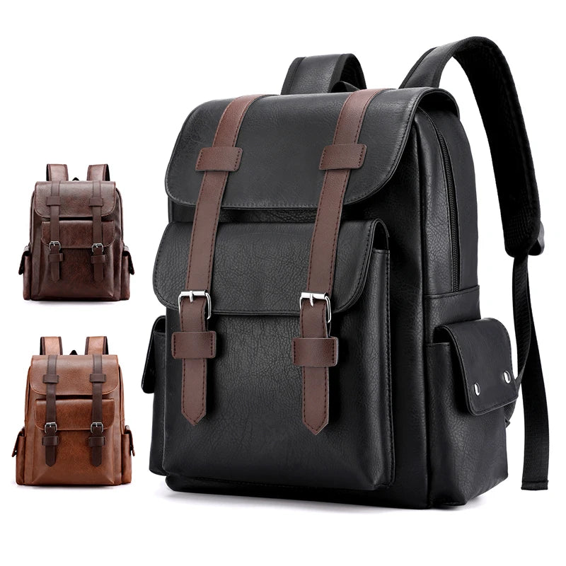 Men's Backpack PU Leather Bag for Large Laptop Backpack Male Travel Bag