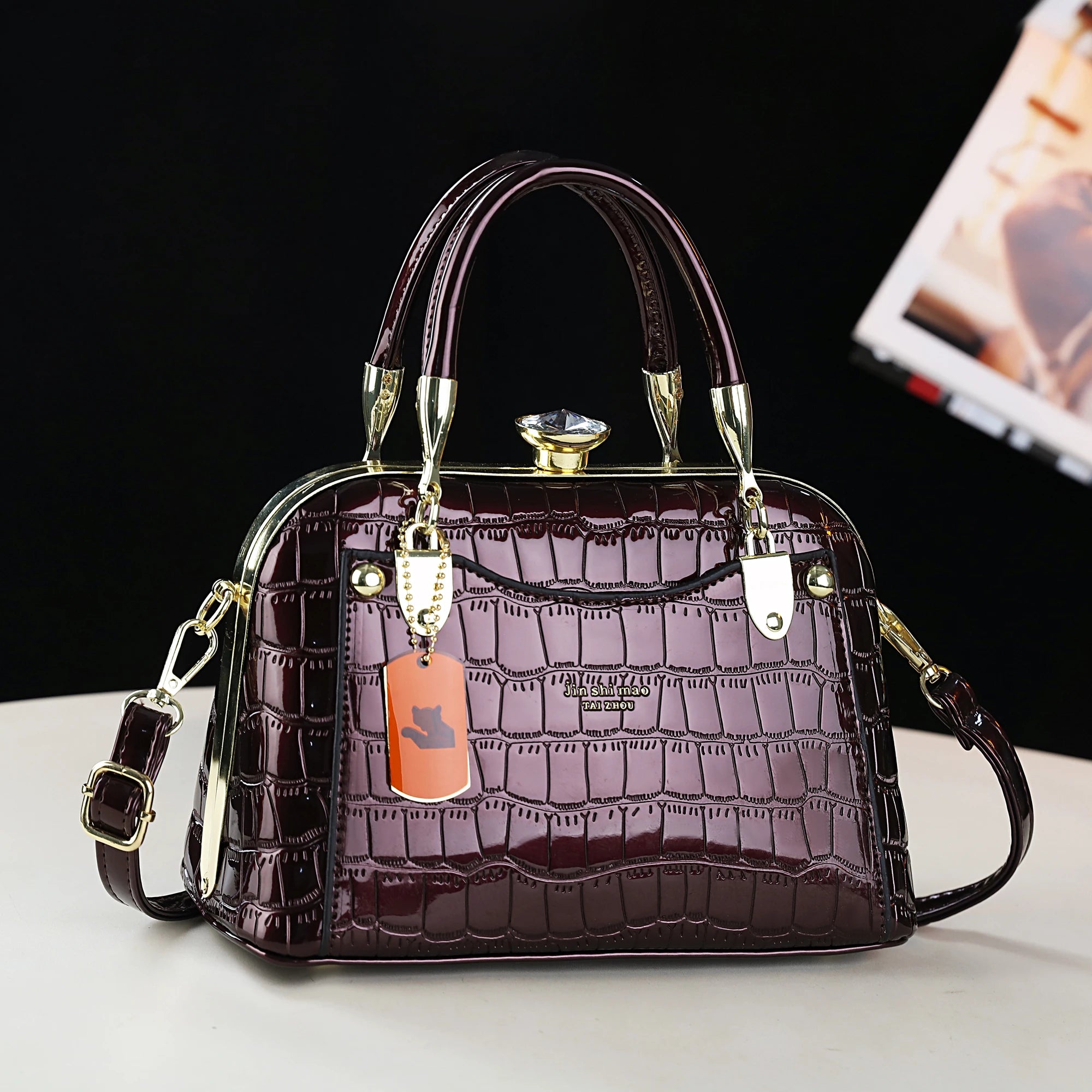 Luxury Crocodile Embossed Shell PU Leather Satchel Bag