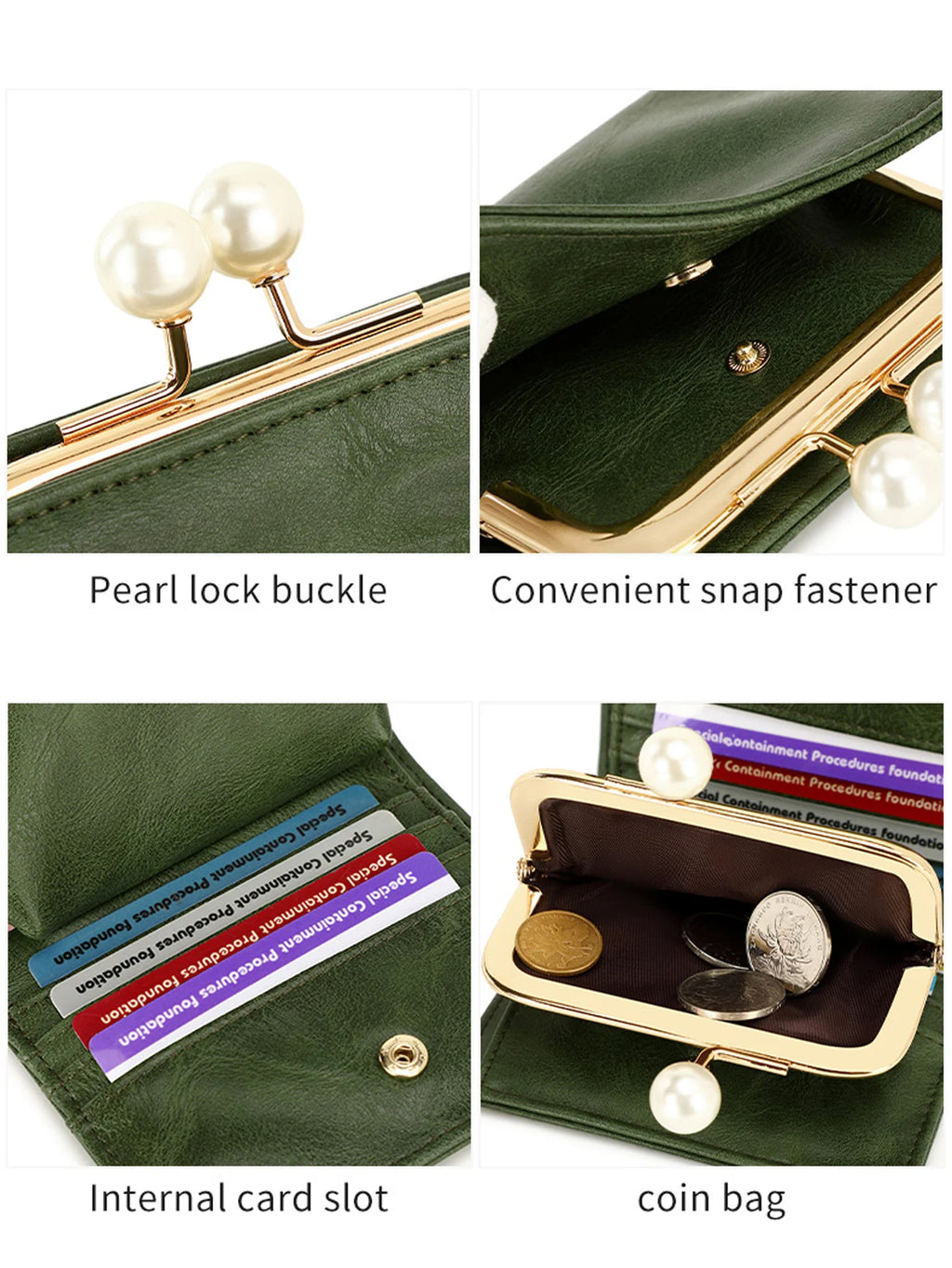 Women's Cute Pearls Kiss Lock Wallet multifunctional Trifold Large Capacity Short Wallet