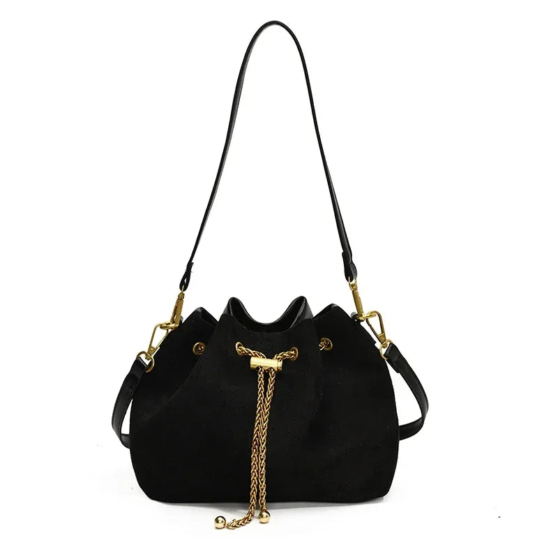 Soft Solid Faux Suede Simple Commuting Crossbody Bags String Closure Type Handbags