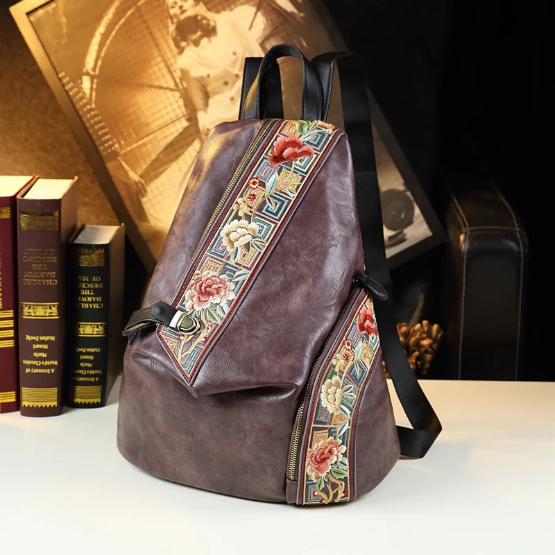 Retro Genuine Leather Women Backpack Embroidered Design Ladies Bag Travel Backpacks