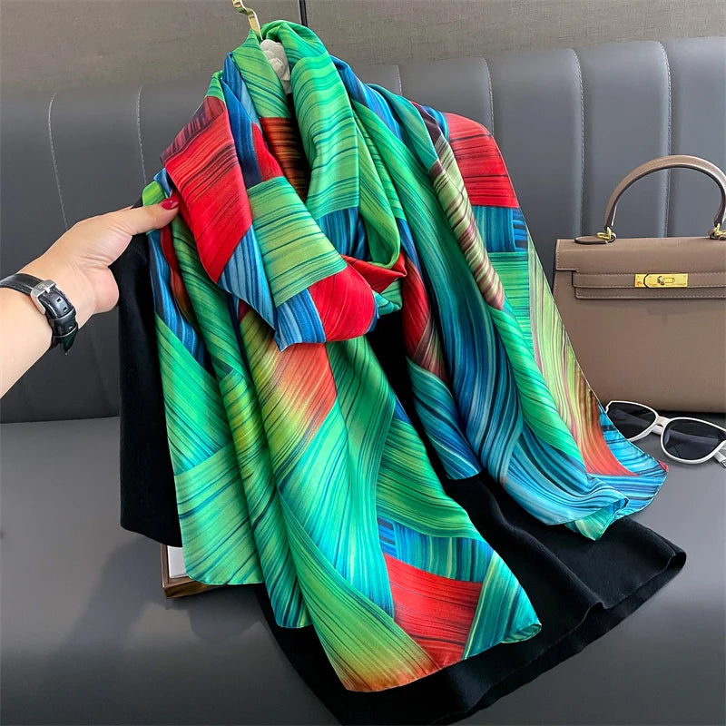 180*90cm Large Silk Satin Scarf Hijab Women Print Shawl