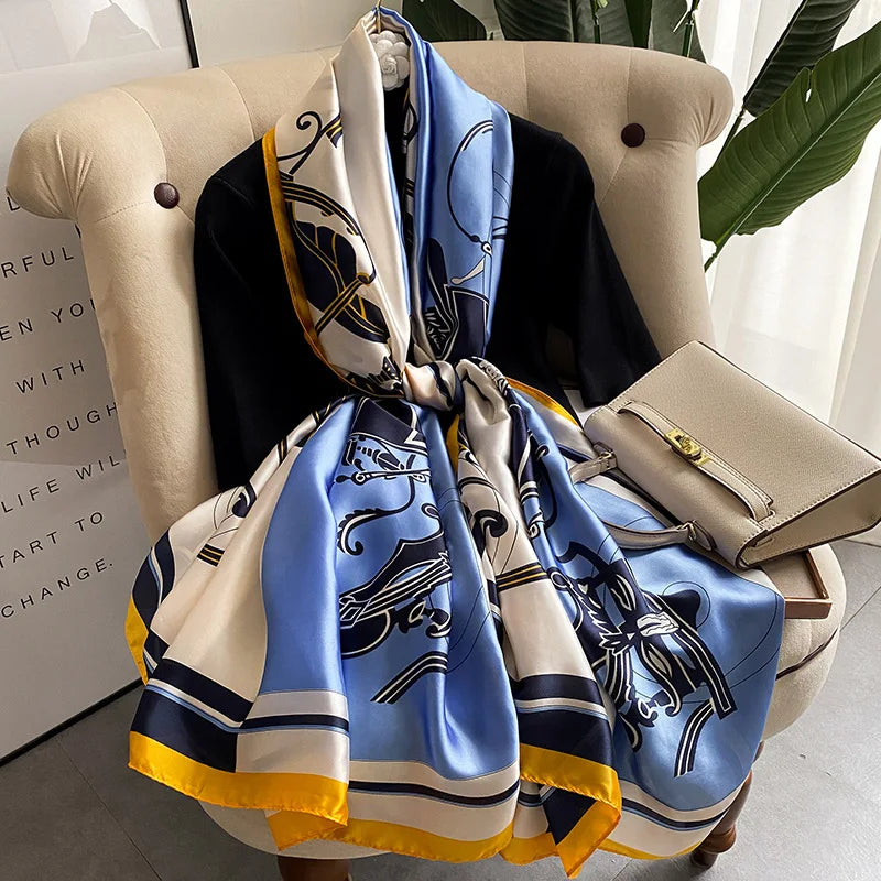 180*90cm Large Silk Satin Scarf Hijab Women Print Shawl