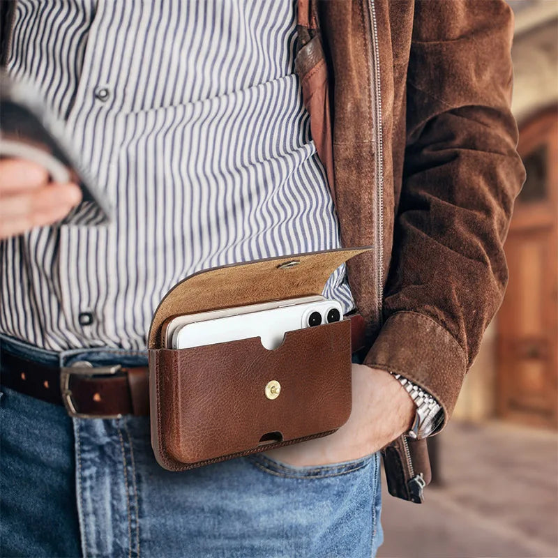 Cow Leather Belt Phone Pouch Magnetic Buckle Design