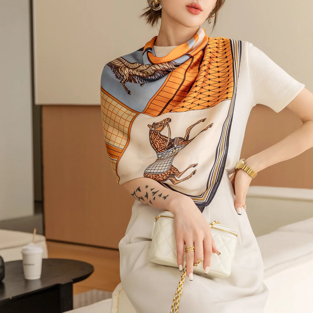 Luxury Horse Print Square Scarf Vintage Imitation Silk
