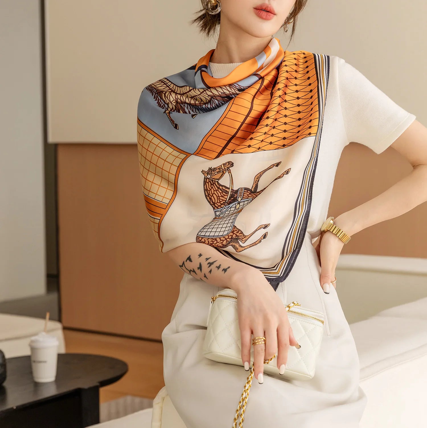 Luxury Horse Print Square Scarf Vintage Imitation Silk