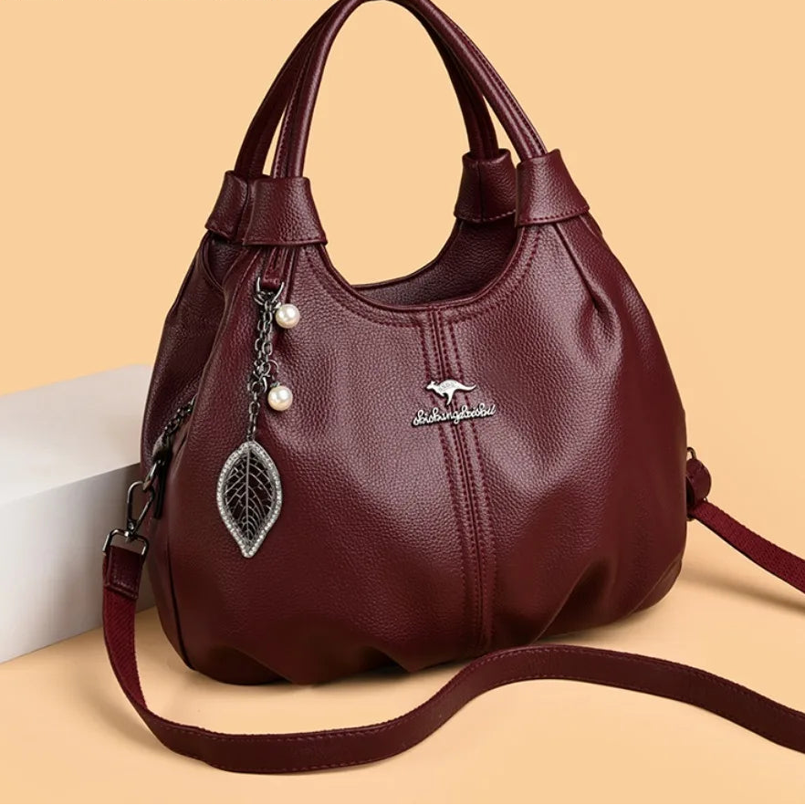 Soft Leather Hobo Handbag 3 Layer Shoulder Crossbody Bag with Pearl Leaf Pendant