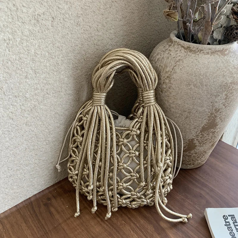 Handwoven Macrame Shoulder Bags Wood Beads & Tassel