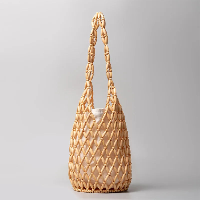Handmade Beaded Shoulder Bag Hollow-out Wooden Bead Tote Woven Bag Bucket Bag