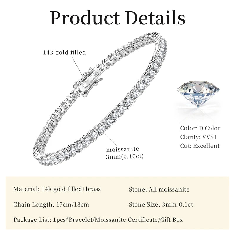 Certified 3MM 0.1ct Full Moissanite 14K Gold Filled Bracelets
