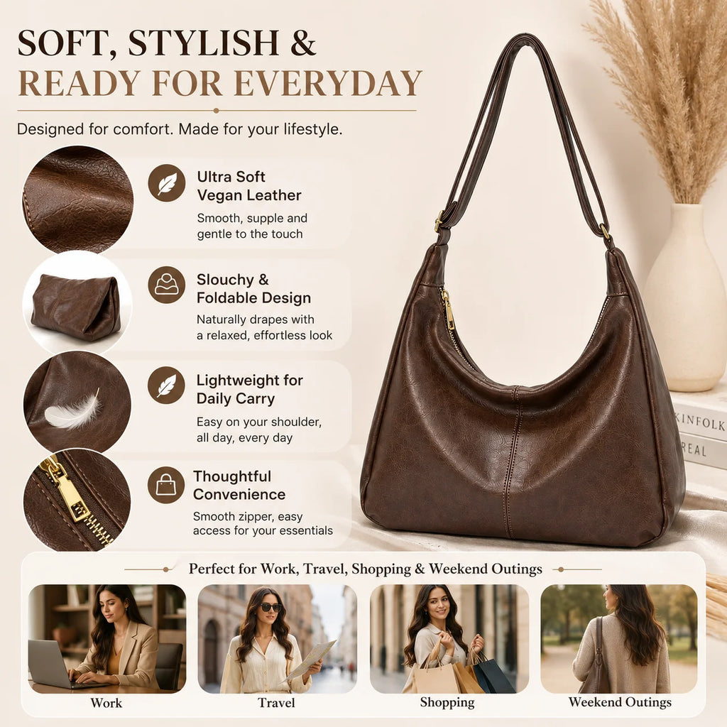 Ultra Soft Vegan Leather Hobo Bag Slouchy Foldable Tote