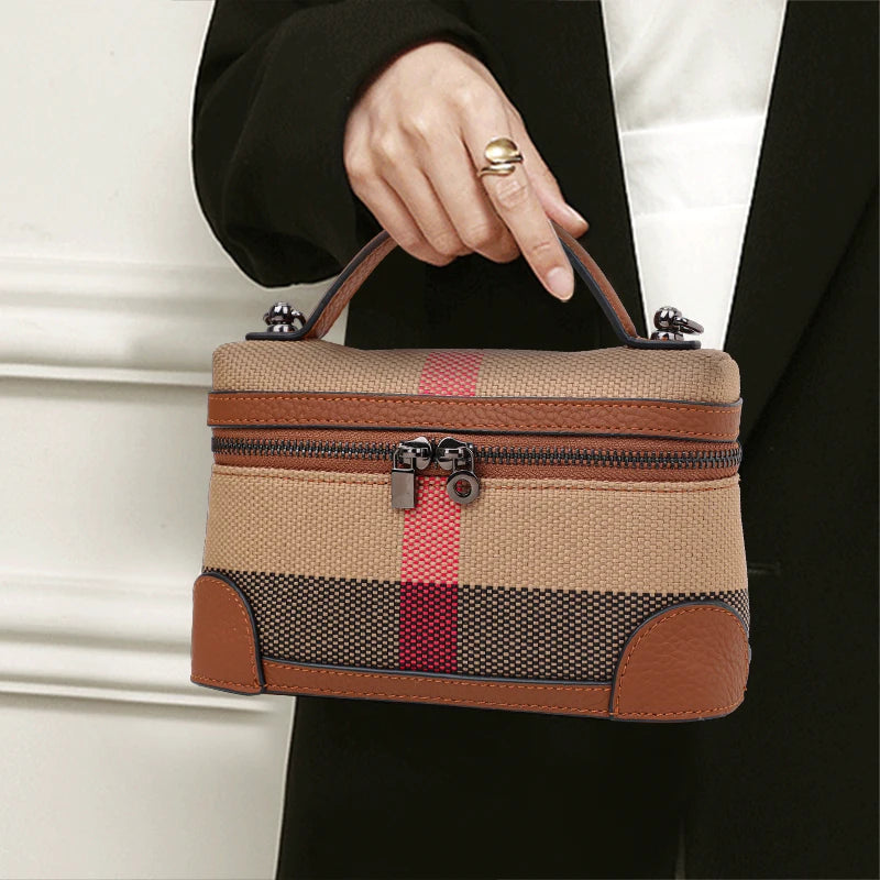 Women's shoulder crossbody mini bag plaid small square bag made of canvas and cowhide