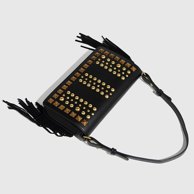 Fashion Women's Bag Studded Vintage with Tassel Shoulder Bag