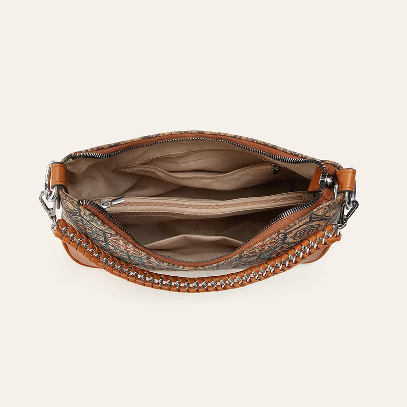 Crossbody Cork Leather Patchwork PU National Printing Half Moon Shoulder Bag