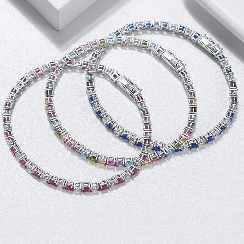 925 Sterling Silver 3mm Multicolor Zirconia Tennis Bracelet