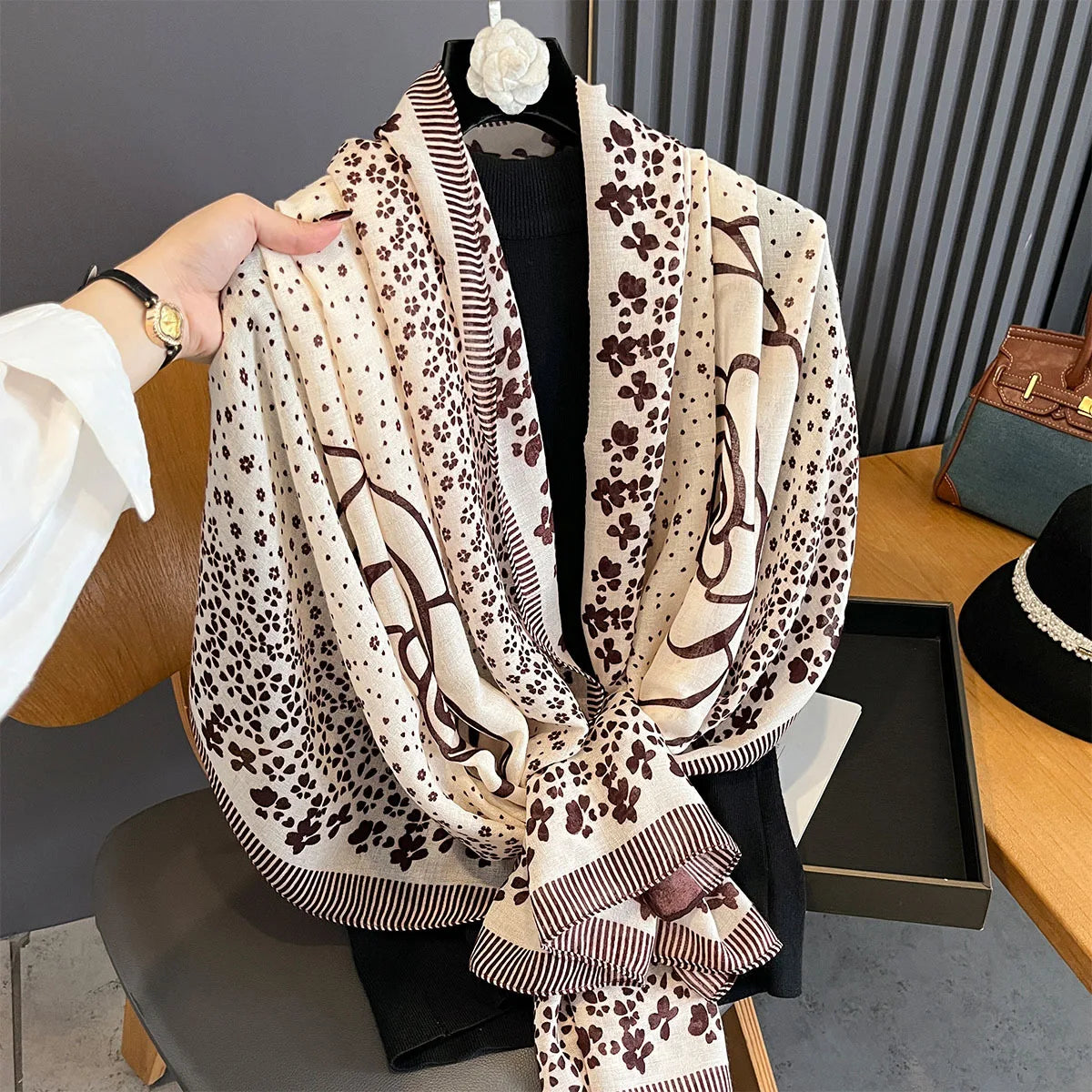 Season's Thin Sun-protective Cotton Linen Scarf Rose Print Silk Scarves Fashion