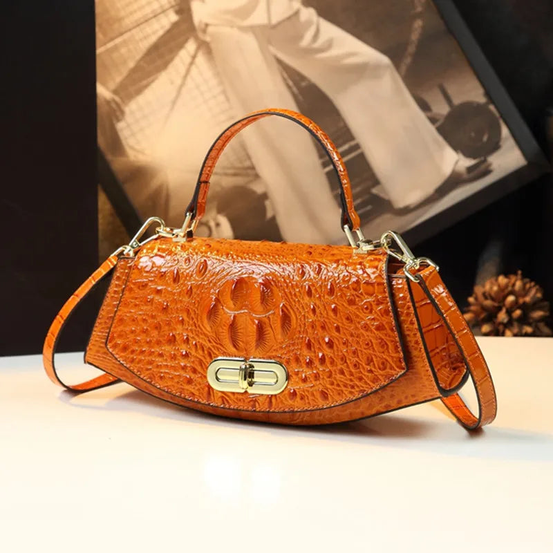 Crocodile Pattern Women's Handbags Genuine Leather Small Shoulder Saddle Bag