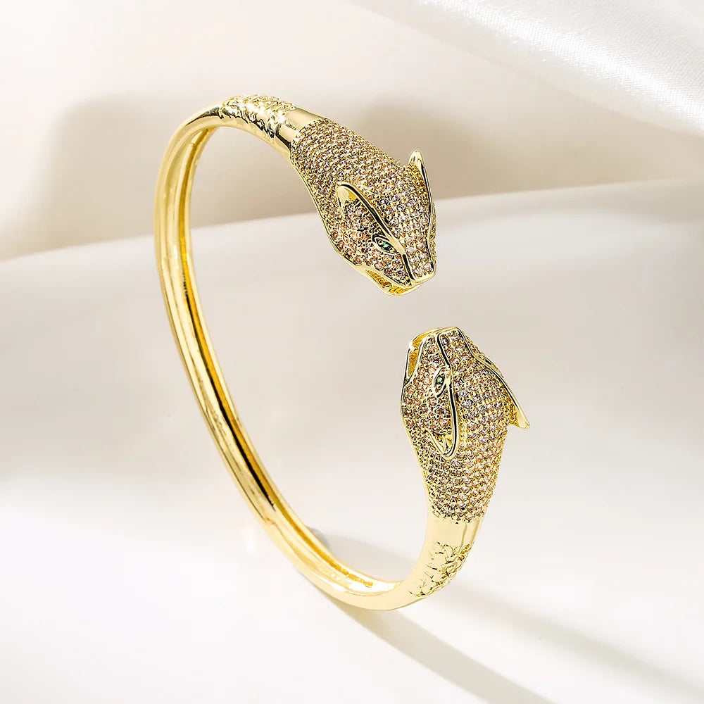 Trendy leopard head open bracelet 18K gold electroplated