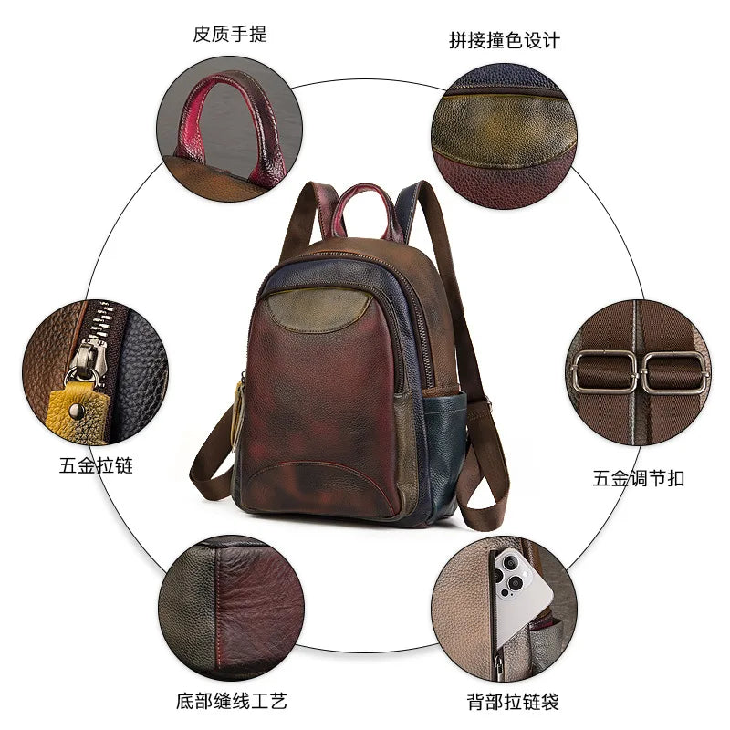 Vintage Genuine Leather Backpack Patchwork Shoulder Bag